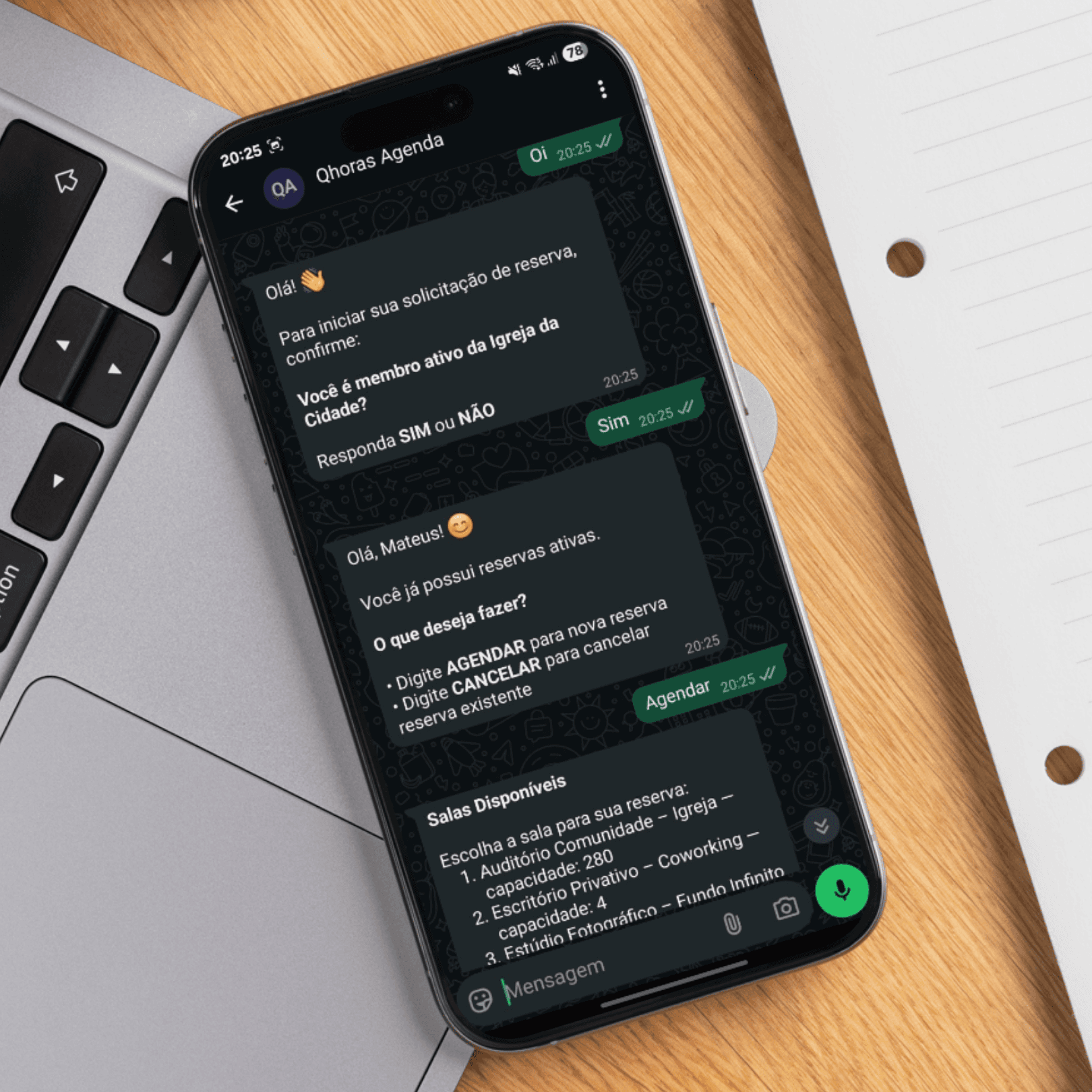 Cliente conversa com o bot - Sistema de reservas WhatsApp Qhoras