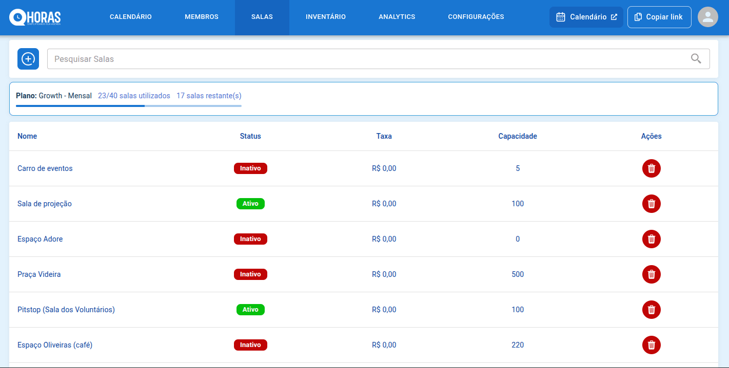Lista de salas cadastradas no painel Qhoras